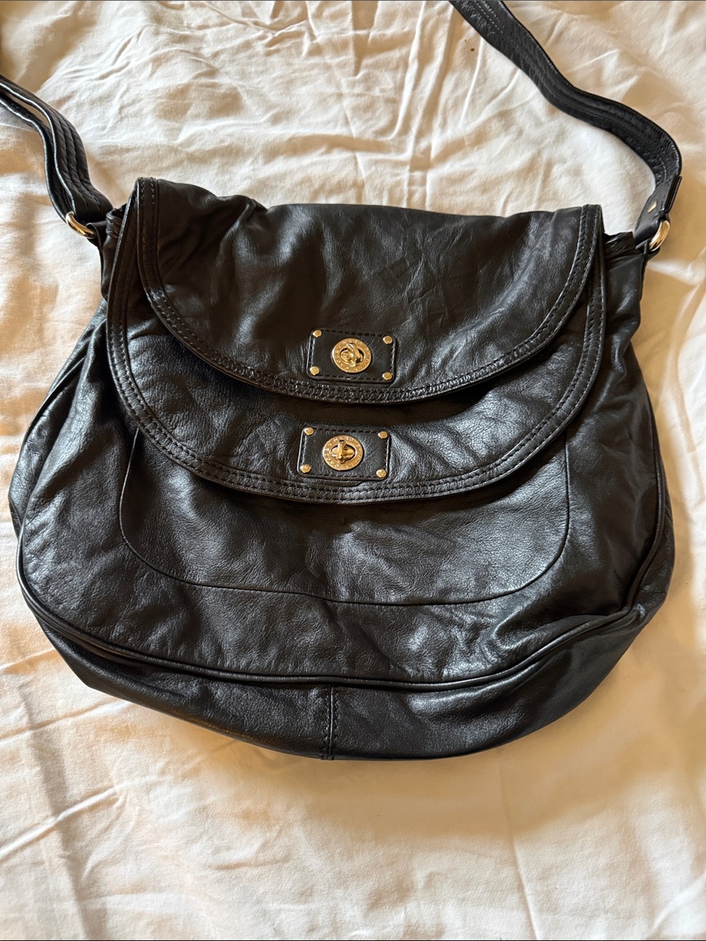 Marc by Marc Jacobs Black Leather Crossbody with Gold-Tone Turn Locks